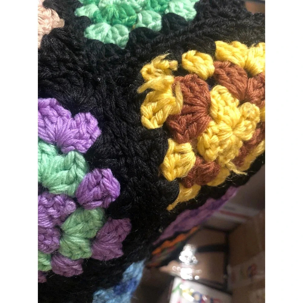 Vintage Granny Square Afghan Crochet Throw Blanket Black  38